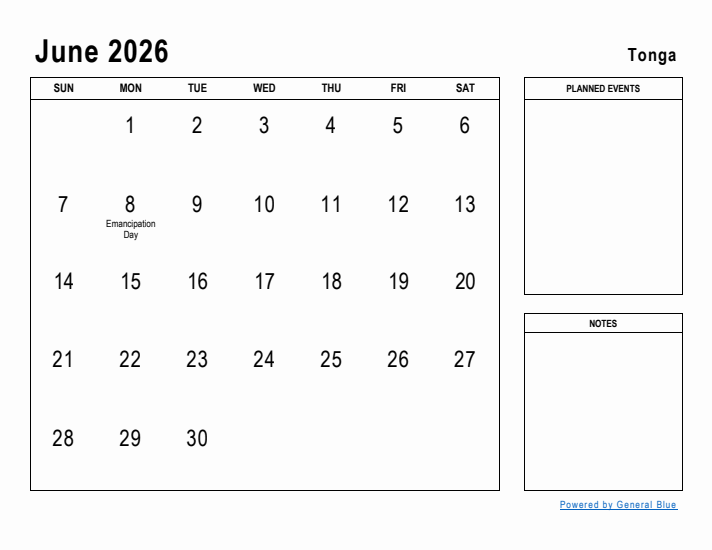 June 2026 Printable Monthly Calendar with Tonga Holidays