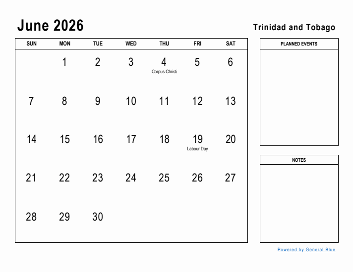 June 2026 Printable Monthly Calendar with Trinidad and Tobago Holidays