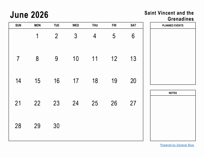 June 2026 Printable Monthly Calendar with Saint Vincent and the Grenadines Holidays