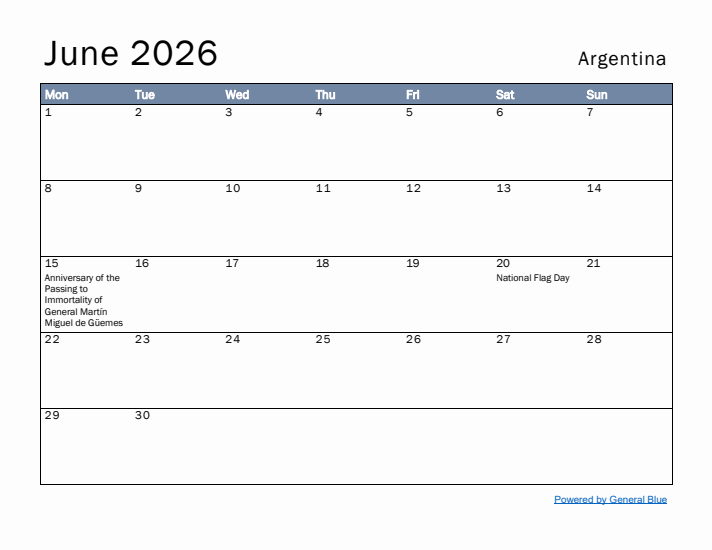 June 2026 Simple Monthly Calendar for Argentina