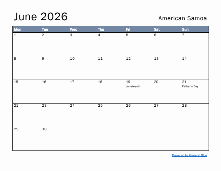 June 2026 Simple Monthly Calendar for American Samoa