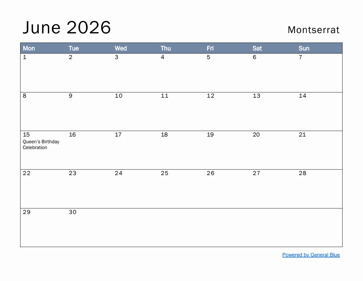 Free Monthly Calendar Template for June 2026 with Montserrat