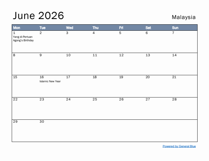 June 2026 Simple Monthly Calendar for Malaysia