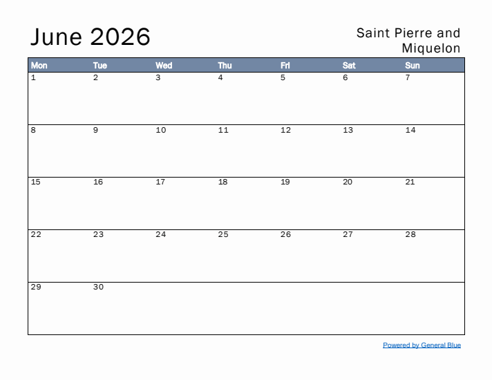 June 2026 Simple Monthly Calendar for Saint Pierre and Miquelon
