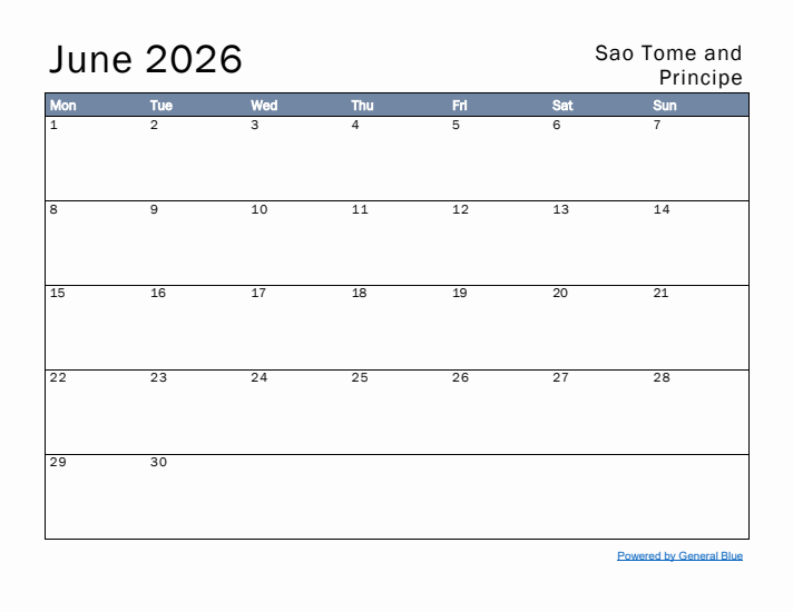 June 2026 Simple Monthly Calendar for Sao Tome and Principe