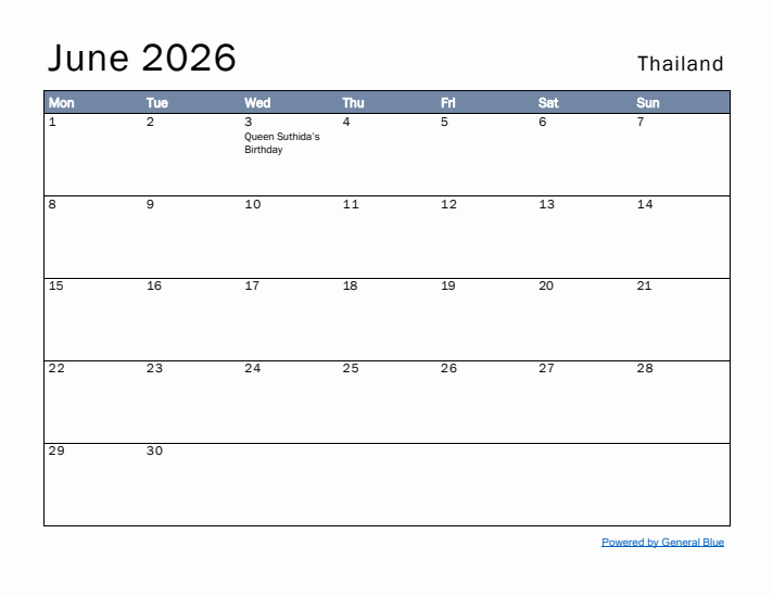 June 2026 Simple Monthly Calendar for Thailand