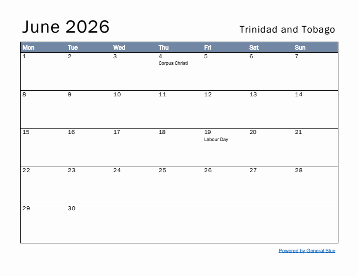 June 2026 Simple Monthly Calendar for Trinidad and Tobago