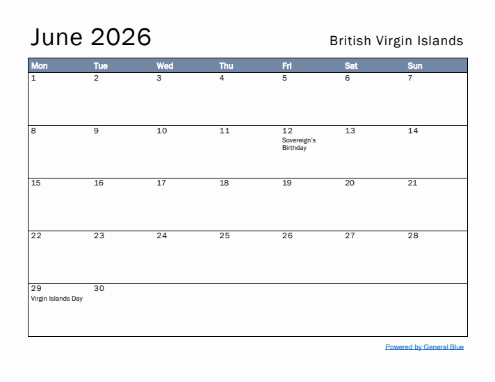 June 2026 Simple Monthly Calendar for British Virgin Islands