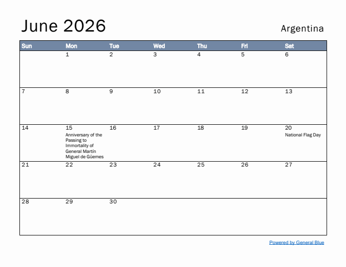 June 2026 Simple Monthly Calendar for Argentina