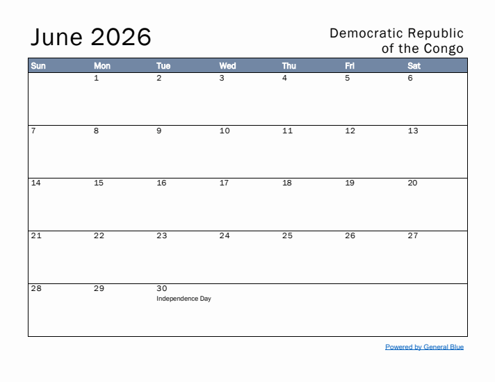 June 2026 Simple Monthly Calendar for Democratic Republic of the Congo