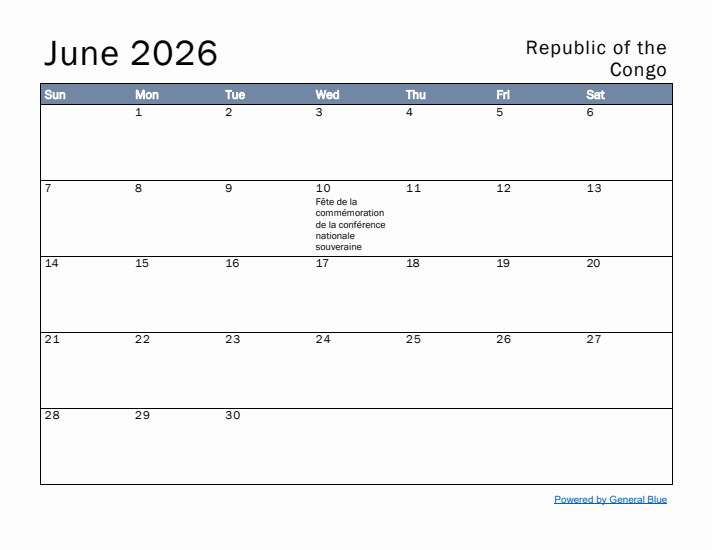 June 2026 Simple Monthly Calendar for Republic of the Congo
