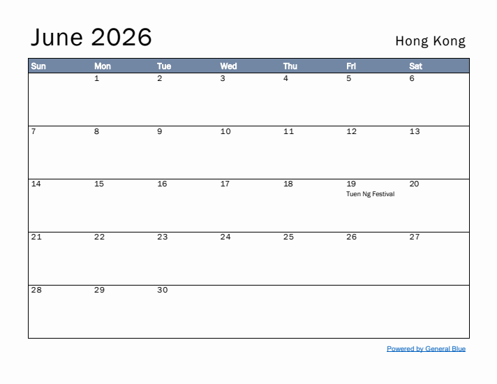 June 2026 Simple Monthly Calendar for Hong Kong