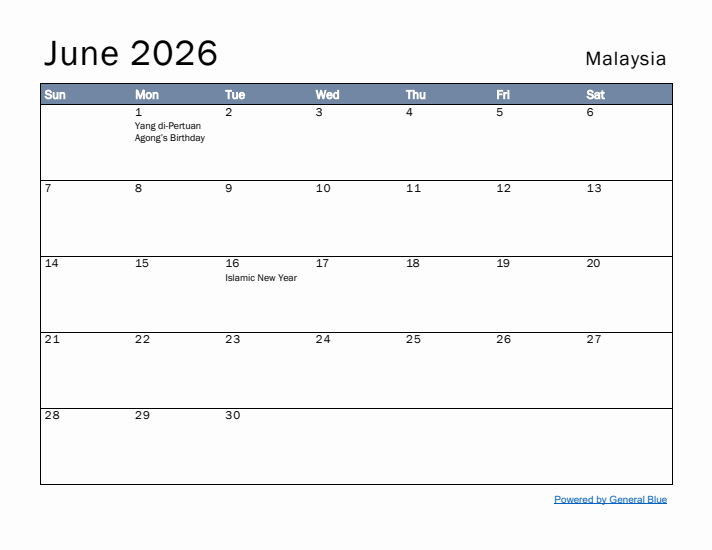 June 2026 Simple Monthly Calendar for Malaysia