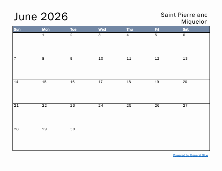 June 2026 Simple Monthly Calendar for Saint Pierre and Miquelon