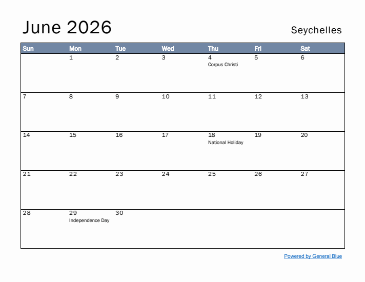 June 2026 Simple Monthly Calendar for Seychelles
