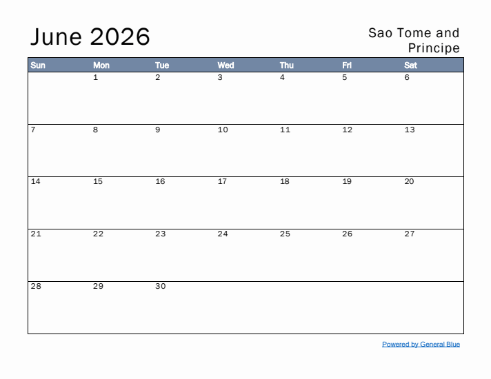 June 2026 Simple Monthly Calendar for Sao Tome and Principe