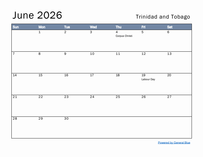 June 2026 Simple Monthly Calendar for Trinidad and Tobago