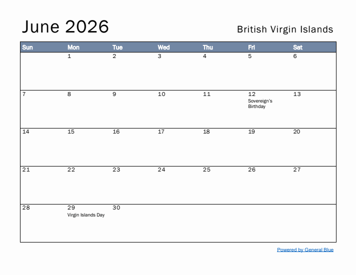June 2026 Simple Monthly Calendar for British Virgin Islands