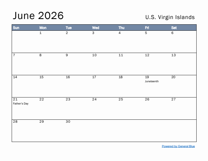 June 2026 Simple Monthly Calendar for U.S. Virgin Islands