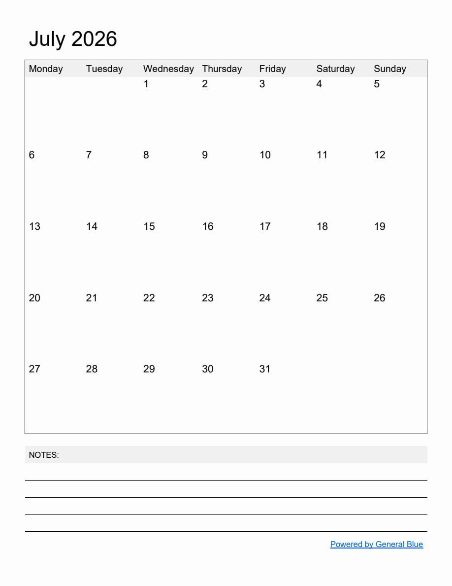 Free Printable Monthly Calendar for July 2026 - Monday Start