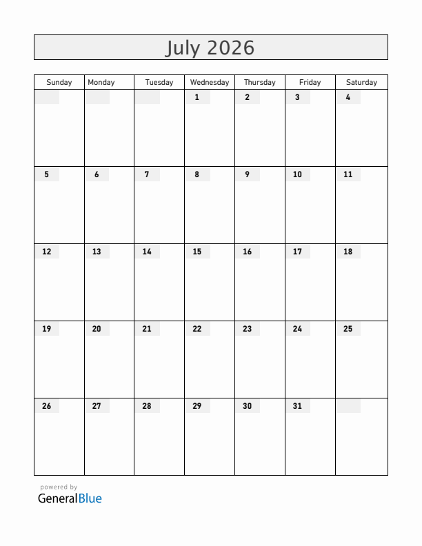 Blank July 2026 Calendar