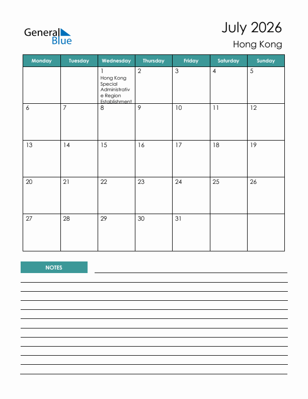 Calendar with Notes Printable - Monday Start