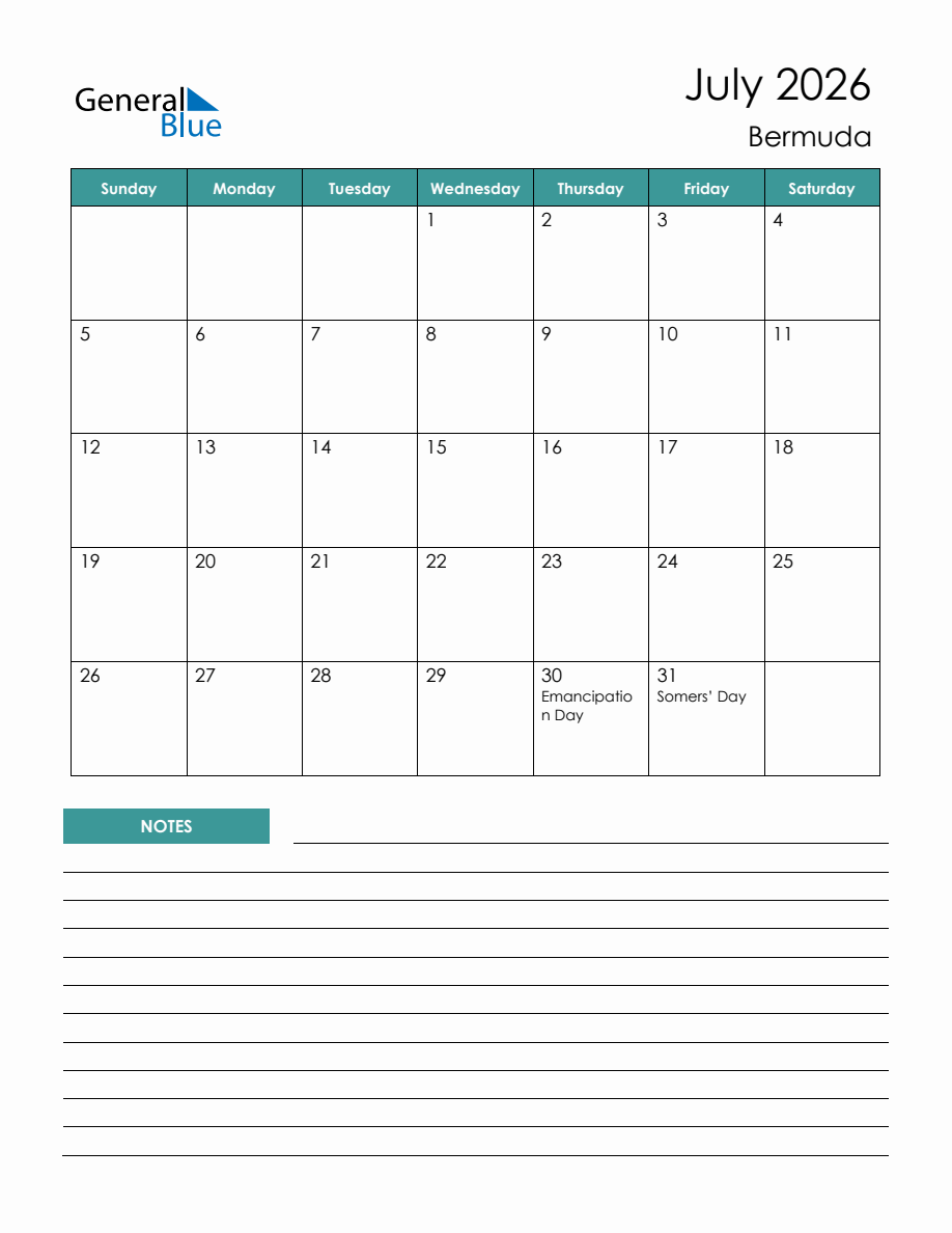 Monthly Planner with Bermuda Holidays July 2026