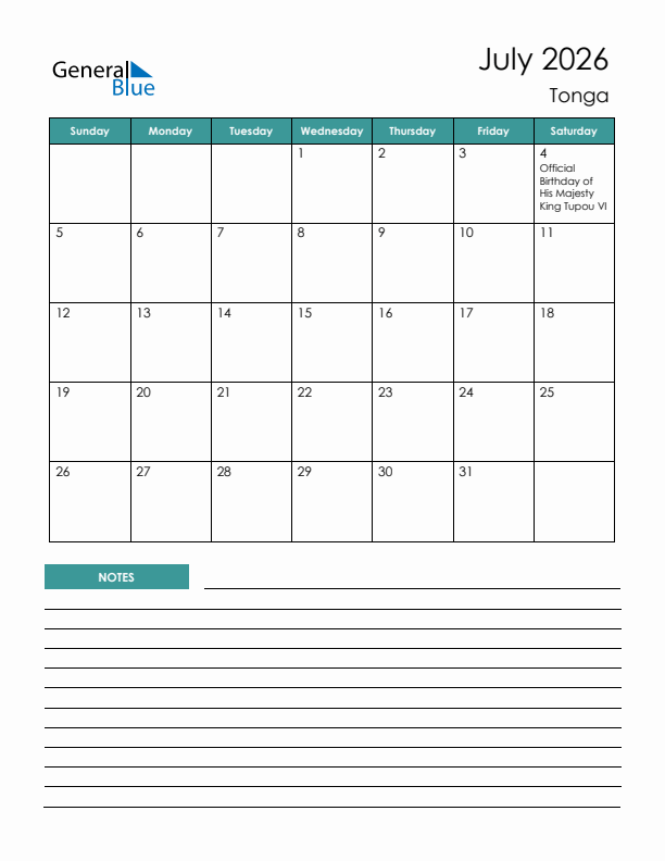 Calendar with Notes Printable - Sunday Start