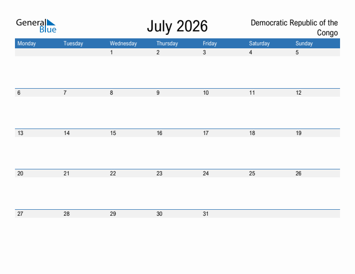 Fillable July 2026 Calendar