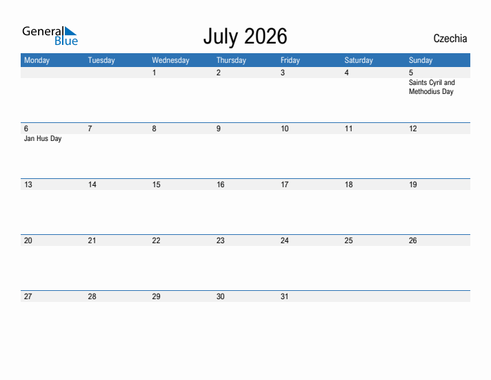 Fillable July 2026 Calendar