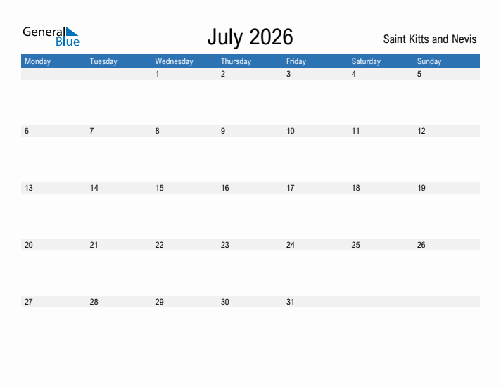 Fillable July 2026 Calendar