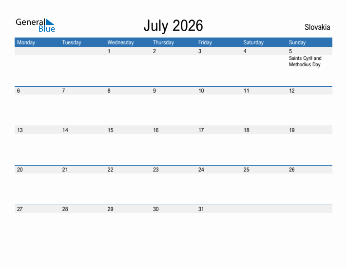 Fillable July 2026 Calendar