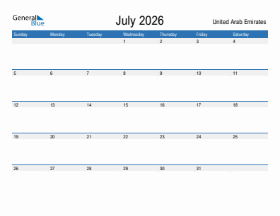 Current month calendar with United Arab Emirates holidays for July 2026