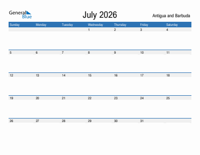 Current month calendar with Antigua and Barbuda holidays for July 2026