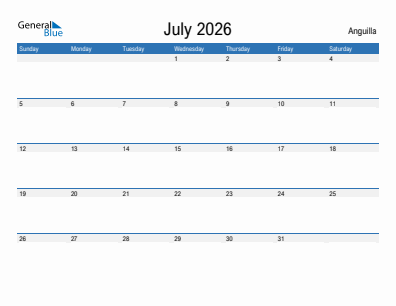 Current month calendar with Anguilla holidays for July 2026