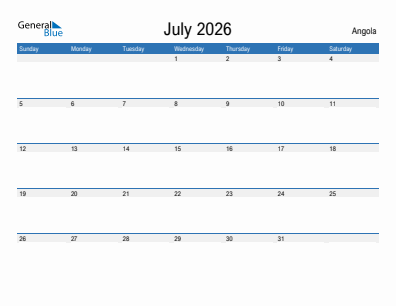 Current month calendar with Angola holidays for July 2026