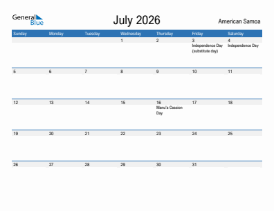 Current month calendar with American Samoa holidays for July 2026