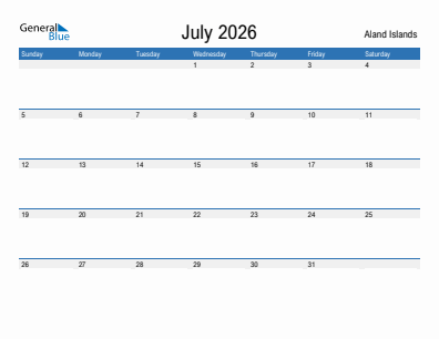 Current month calendar with Aland Islands holidays for July 2026