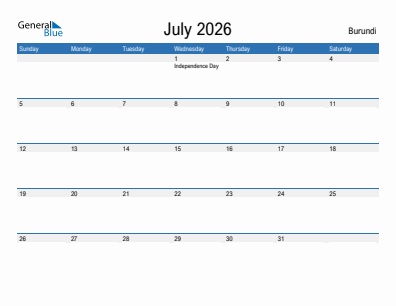 Current month calendar with Burundi holidays for July 2026