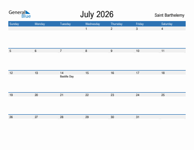 Current month calendar with Saint Barthelemy holidays for July 2026