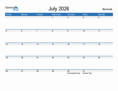 Current month calendar with Bermuda holidays for July 2026