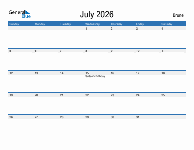 Current month calendar with Brunei holidays for July 2026