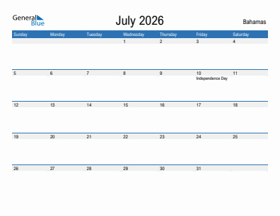 Current month calendar with Bahamas holidays for July 2026