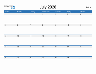 Current month calendar with Belize holidays for July 2026