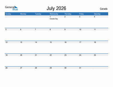Current month calendar with Canada holidays for July 2026