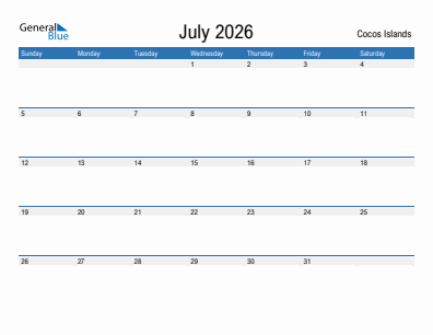 Current month calendar with Cocos Islands holidays for July 2026