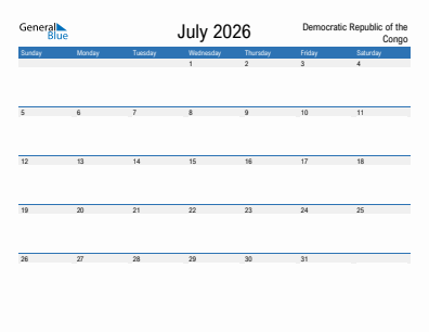 Current month calendar with Democratic Republic of the Congo holidays for July 2026