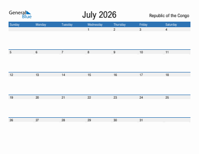 Current month calendar with Republic of the Congo holidays for July 2026