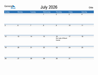 Current month calendar with Chile holidays for July 2026