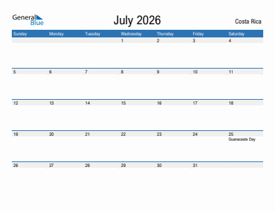 Current month calendar with Costa Rica holidays for July 2026